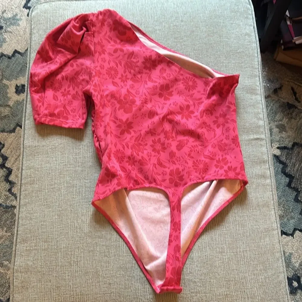 NWT Free People Something About You Floral Puff Shoulder Bodysuit Hot Pink Combo